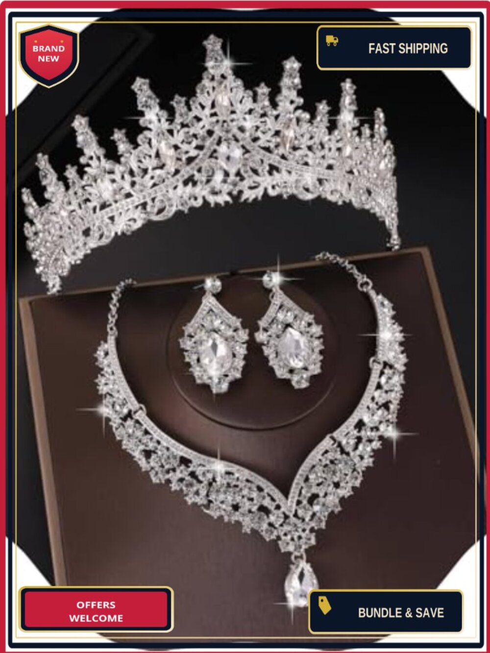 Crystal Tiara Earrings Necklace Set Bridal Wedding Prom Pageant Jewelry